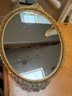 Vintage Oval Gold Filigree Mirrored Vanity Tray