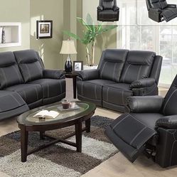 Black Leather Fully Reclining Three Piece Couch Set 