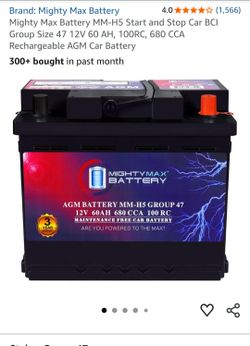 Mighty Max Battery MM-H5 AGM Car Battery Group 47