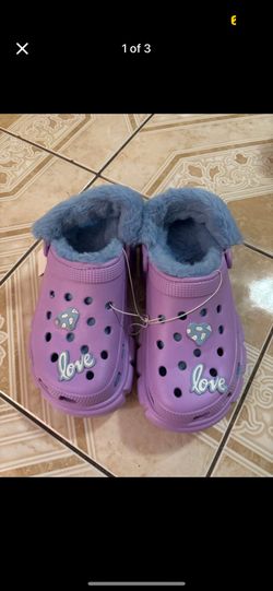 Brand new purple and blue fuzzy crocs
