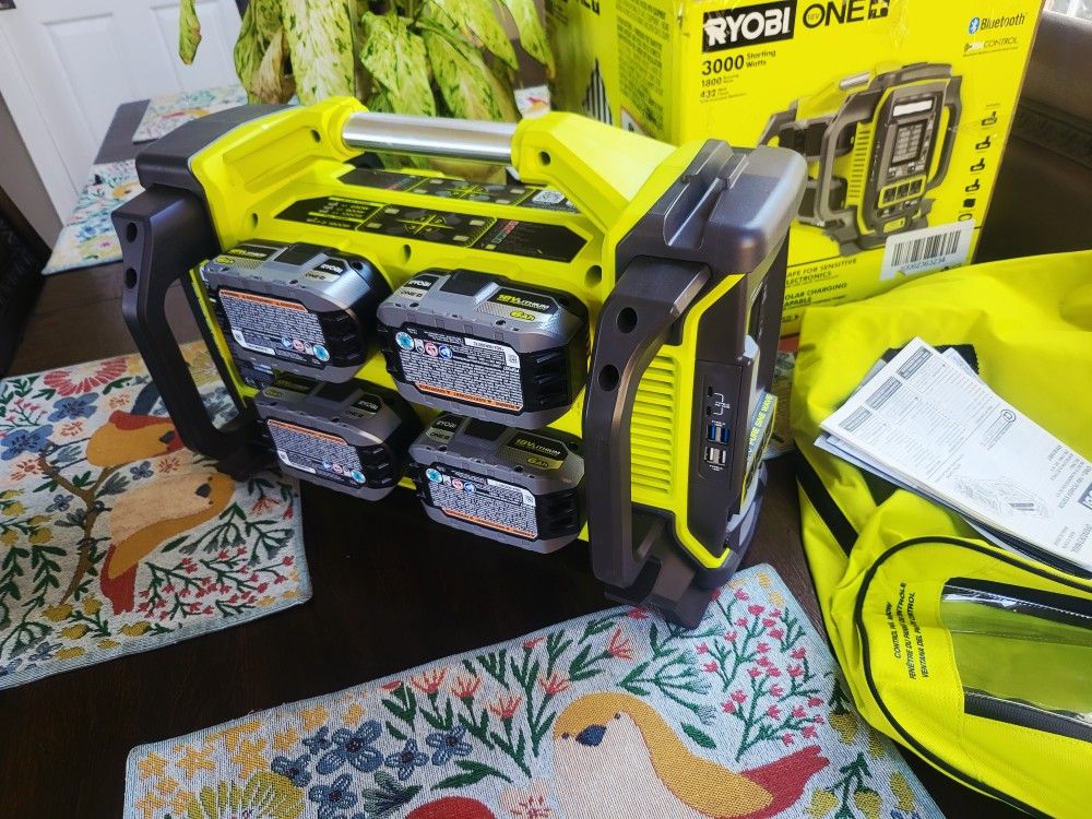 Ryobi brand new 18V ONE+ 1800-Watt Portable Battery Inverter Power Station/8-Port Charger with (4) 6.0Ah Batteries