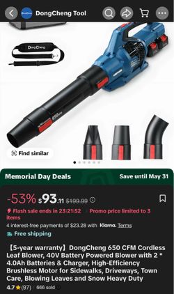 DongCheng 650 CFM Cordless Leaf Blower, 40V Battery Powered Blower with 2 * 4.0Ah Batteries & Charger, High-Efficiency Brushless Motor for Sidewalks, 
