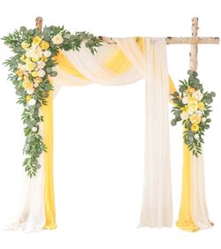 WEIERYUE Deluxe Yellow Artificial Wedding Arch Flowers With Drapes Kit-Pack Of 5, 2pcs Flower Arrangements 3pcs Hanging Sheer Drapes Yellow Ceremony A