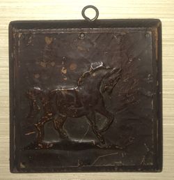 Vintage Hammered Copper Vintage Art Horse on wood.