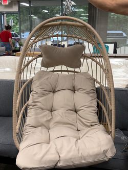 Outdoor Steel Wrapped with Beige Wicker Hanging Egg Chair Without Stand Patio Porch Swing with Beige Cushion. š°100$
