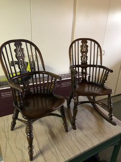 Antique Wood Childs Lancashire Double Bow Back Arm Chair And Rocking Chair
