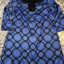 XL Michael Kors Satin Black Blue Geometric Beaded Neck Tunic Mini Dress Women’s 