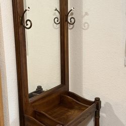 Wooden Entryway Mirror Stand with Coat & Hat Hooks