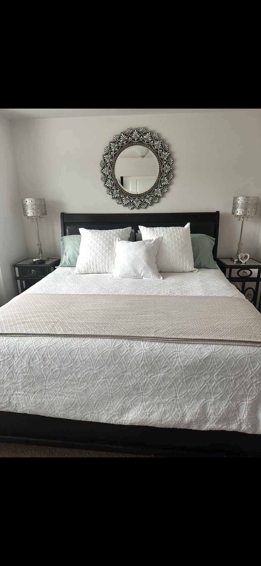 King Size Bed ,matress night Stands ,mirror,lamps 