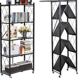 Storage Shelves with Wheels, 5 Tier Metal Collapsible Shelving Unit, Heavy Duty Folding Garage Shelf, No Assembly Closet Shelves Organizer, Kitchen, B