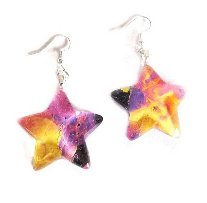 Multicolored kawaii puffy star dangle earrings with silver hooks new art