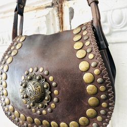 Patricia Nash Bag Western Crossbody Saddle Bag Studded Distressed Leather Brown