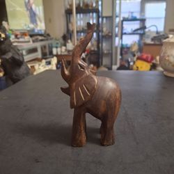 Vintage Small Hand-carved Solid Ebony Wood Elephant With Trunk Up 6"H X 3.25"W