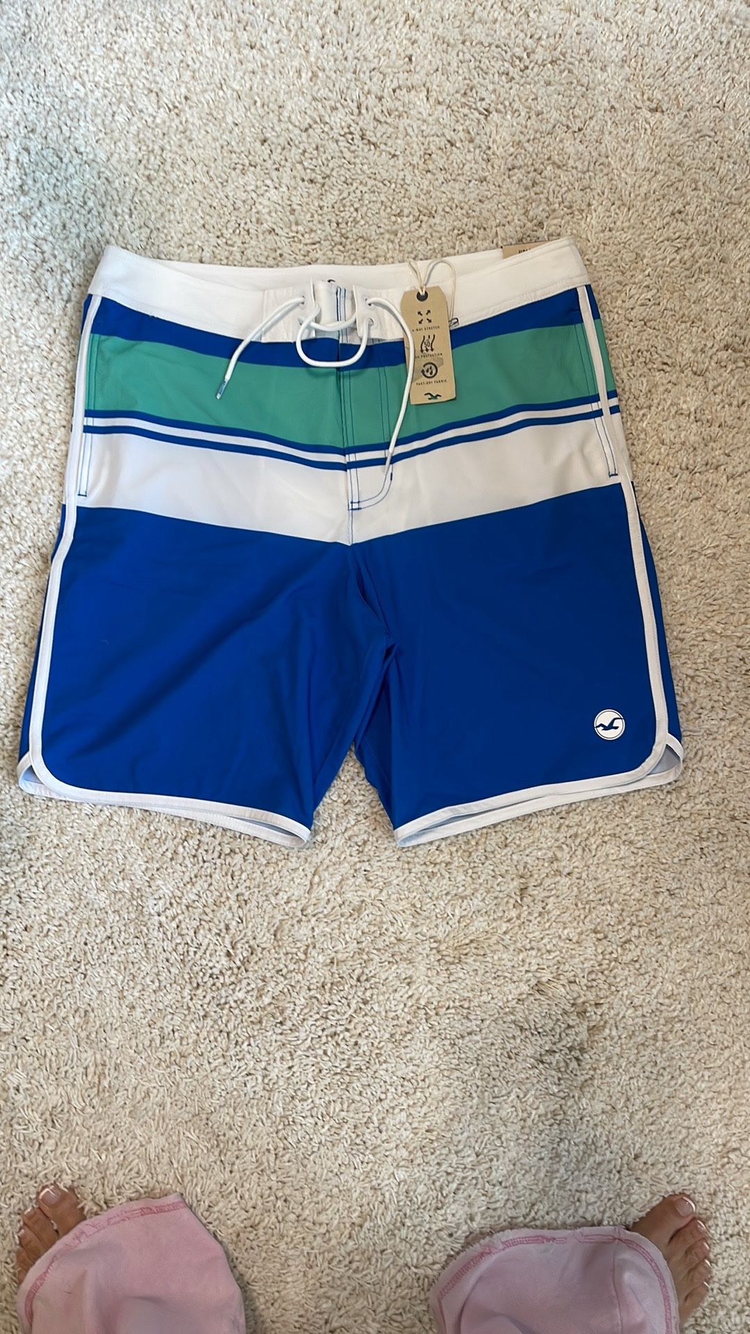 Blue white Green Men's Swim board Shorts Hollister classic fit flex 34 new