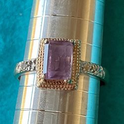 Vintage 10K Yellow Gold emerald cut Amethyst & Diamonds Ring
