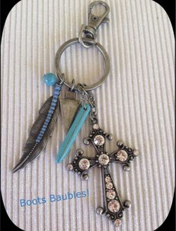Turquoise feather and cross keychain