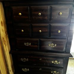 Antique Brown Wood Tall Five Drawer Dresser