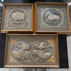 Vintage Burmese Kalaga Tapestry Set (3) - Hand Embroidered Wall Art