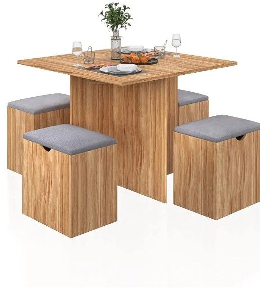 5-Piece Dining Table Set, Small Kitchen Table Set with 4 Stools Compact Space-Saving for Dining Room Kitchen Modern