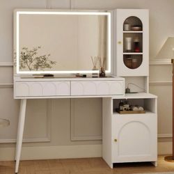 Modern White Vanity Desk w/ Large LED Mirror, Arch Drawers + Side Cabinet | New | Aesthetic