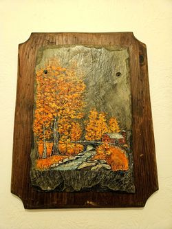 New England Folk Art Painting On Slate Mounted On A solid Wood Plaque
