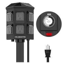 Outdoor Power Stake Timer, 24 Hour Mechanical Outdoor Timer Waterproof, 6 ft Extension Cord, 6 Grounded Outlets for Outdoor Lights, ETL Listed