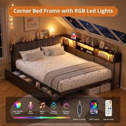 Full Size Corner Bed Frame with Storage and RGB LED Lights, Grey Upholstered Ful