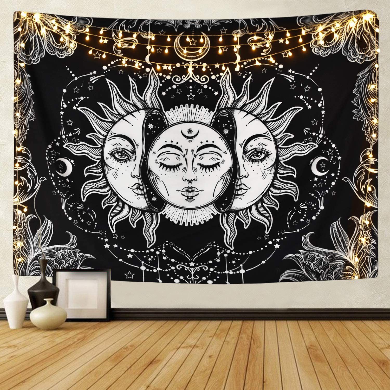 Brand New Sun Moon Wall Tapestry Fabric Burning Star Psychedelic Black White Mystic Home Bedroom Bedding Picnic Porch Blanket Couch Balcony Decor