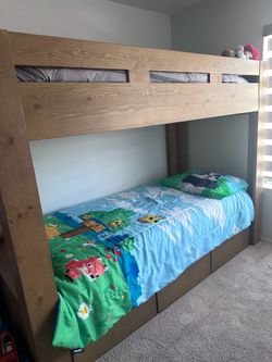 Nora Natural Wood Twin Over Twin Bunk Bed With Ladder & 3-Drawer Storage Unit