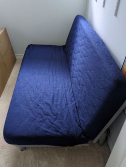 blue futon (sofa bed) sofa to full size with mattress and cover