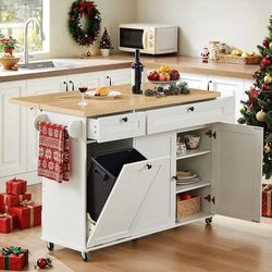 60" Kitchen Island with Power Outlet & Drop Leaf, Kitchen Rolling Island with Spice Rack & Towel Rack, Knife Holder, Kitchen Island Cart with Trash St