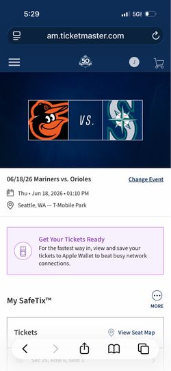 Mariners vs Orioles Two Diamond Club Tickets