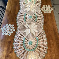 Crocheted Table Runner with Two Matching Doilies 