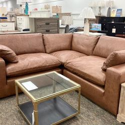Leather Caramel Sectional Sofa Couch Emilia 