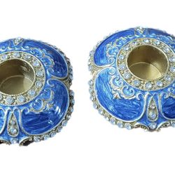 TWO’S COMPANY Blue Gold Crystal and Enamel Candle Holders Set Of 2