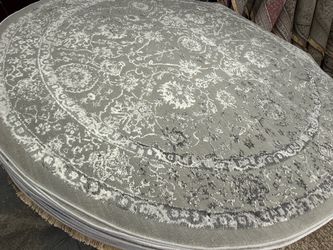 Round Grey Floral Area Rug with Fringe