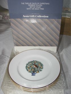 Set Of 4 Avon Gift Collection The 12 Days Of Christmas Dessert Plates w/ 14K