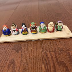 Japanese Seven Lucky Gods Painted Clay Doll Set. Vintage Decorative Wood Box.