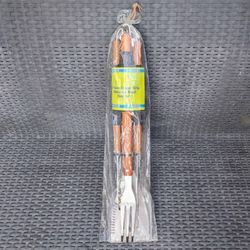 NEW Fun In The Sun 3 piece finger grip stainless steel and wood barbecue tool set BBQ tools