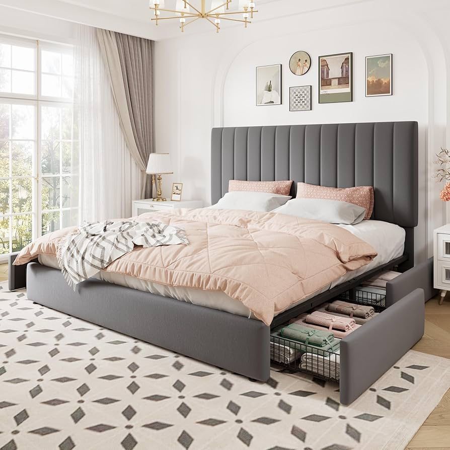 King Size Storage Bed Frame, Vertical Channel Tufted Adjustable Headboard, Velvet Upholstered Platform Bed with 4 Oversized Underbed Drawers, Wooden S