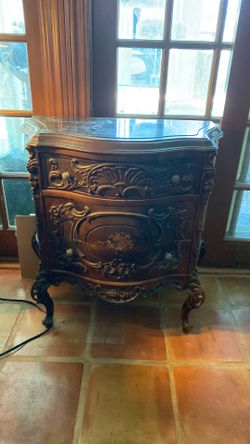 Antique French-Style Carved Wood Server with Marble Top