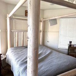 Queen Size Washed White Pine Log Bed / Canopy Bed