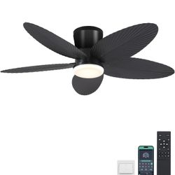 Palm Leaf Ceiling Fans with Lights-42 Tropical Ceiling Fan with Light and Remote/APP Control,Flush Mount Low Profile Black Ceiling Fans for Bedroom,In