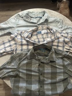 Three Button Up Shirts Colors Green, Blue, And Beige