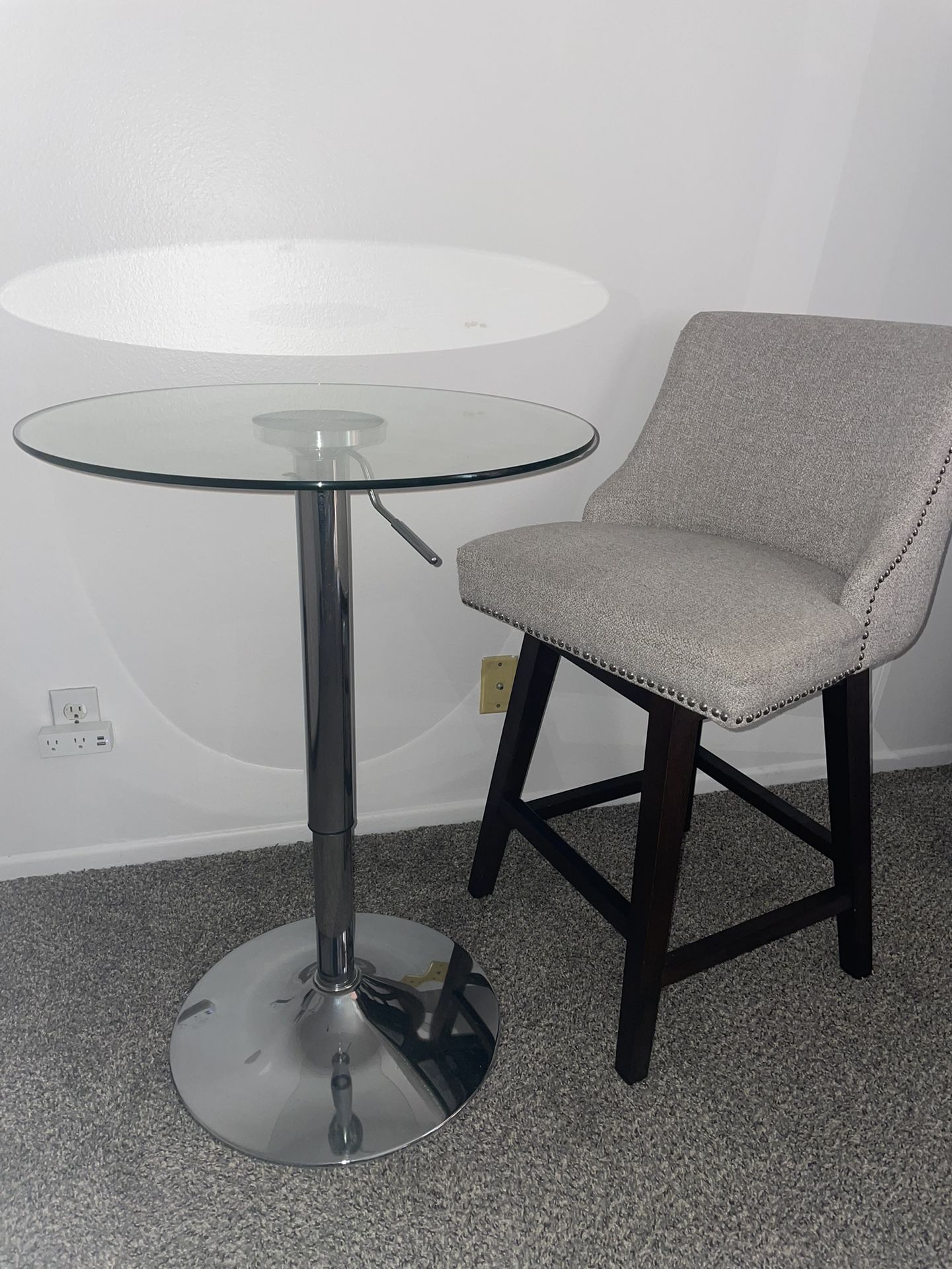 Glass Round Table Adjustable Height w/ Swivel Chair Small Space Dining, Bedroom, Office