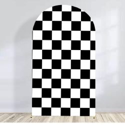 Arch Backdrop Covers Racing Checker Texture Black and White Chiara Arch Backdrop Cover for Baby Shower Birthday Party (7.2FT)
