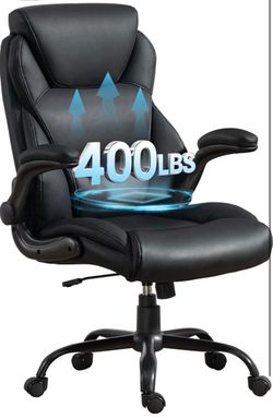 Big and Tall Office Chair 400LBS, Heavy Duty High Back Leather Comfortable Desk Chair with Flip-Up Arms, Rocking Rolling Computer Chair for Heavy Peop