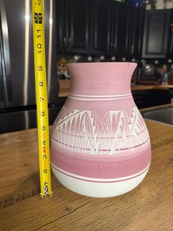 Vintage Padilla Navajo Pottery Vase Pink Cream Etched Southwestern Signed USA