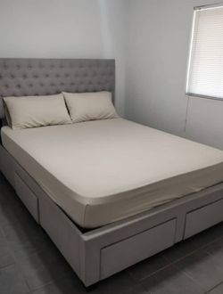 Gray Upholstered Storage Bed Frame with Headboard
