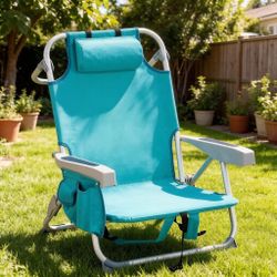 Folding Low Backpack Beach Chairs for Adults, 5-Positions Adjustable Portable Recliner, Aluminum Frame, Includes Headrest and Cup Holder, for Sunbathi